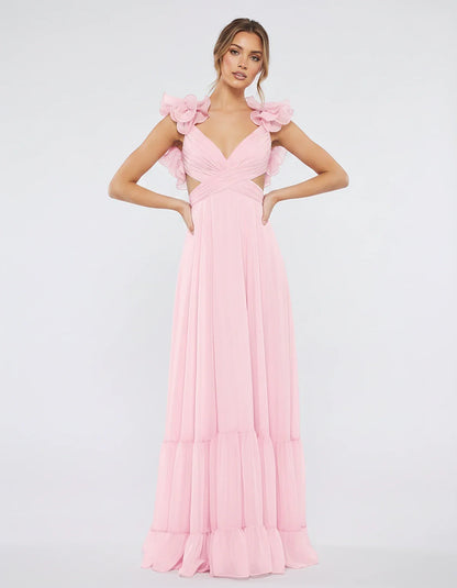 Chiffon Floral Ruffle Sleeve V-Neck A-Line Maxi Dress for Party, Cocktail, Evening, Wedding Guest & Summer Events, front view | SKU: SMD-583741926184507-PINK-L,SMD-583741926184507-PINK-M,SMD-583741926184507-PINK-S,SMD-583741926184507-PINK-XL,SMD-583741926184507-PINK-XS