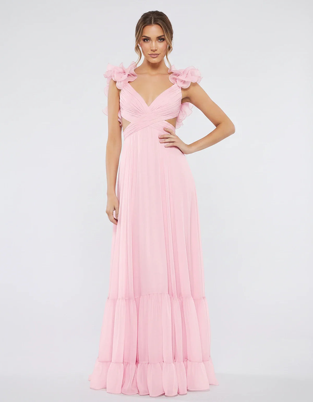 Chiffon Floral Ruffle Sleeve V-Neck A-Line Maxi Dress for Party, Cocktail, Evening, Wedding Guest & Summer Events, front view | SKU: SMD-583741926184507-PINK-L,SMD-583741926184507-PINK-M,SMD-583741926184507-PINK-S,SMD-583741926184507-PINK-XL,SMD-583741926184507-PINK-XS