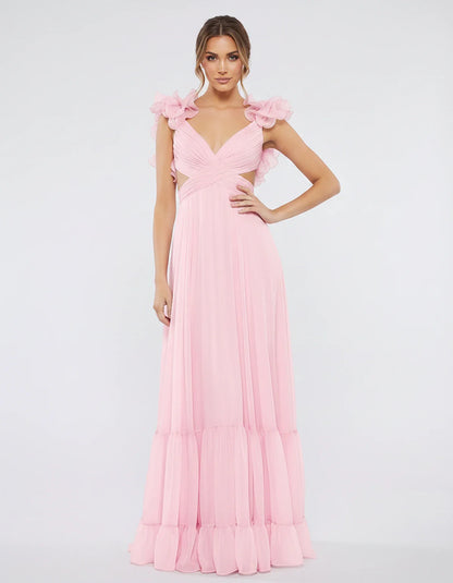 Chiffon Floral Ruffle Sleeve V-Neck A-Line Maxi Dress for Party, Cocktail, Evening, Wedding Guest & Summer Events, front view | SKU: SMD-583741926184507-PINK-L,SMD-583741926184507-PINK-M,SMD-583741926184507-PINK-S,SMD-583741926184507-PINK-XL,SMD-583741926184507-PINK-XS