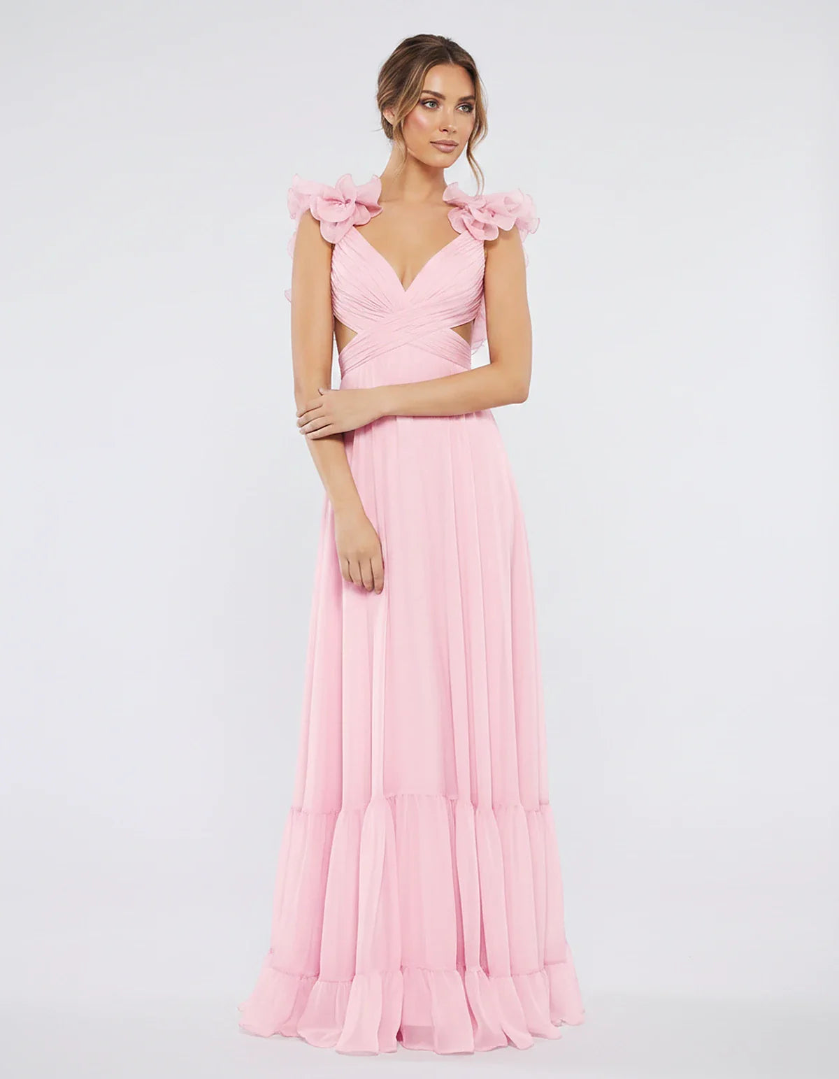 Chiffon Floral Ruffle Sleeve V-Neck A-Line Maxi Dress for Party, Cocktail, Evening, Wedding Guest & Summer Events, front view | SKU: SMD-583741926184507-PINK-L,SMD-583741926184507-PINK-M,SMD-583741926184507-PINK-S,SMD-583741926184507-PINK-XL,SMD-583741926184507-PINK-XS
