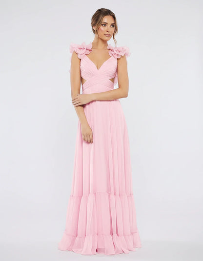 Chiffon Floral Ruffle Sleeve V-Neck A-Line Maxi Dress for Party, Cocktail, Evening, Wedding Guest & Summer Events, front view | SKU: SMD-583741926184507-PINK-L,SMD-583741926184507-PINK-M,SMD-583741926184507-PINK-S,SMD-583741926184507-PINK-XL,SMD-583741926184507-PINK-XS