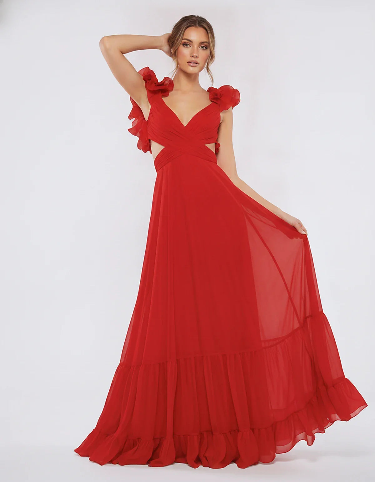 Chiffon Floral Ruffle Sleeve V-Neck A-Line Maxi Dress for Party, Cocktail, Evening, Wedding Guest & Summer Events, front view | SKU: SMD-583741926184507-RED-L,SMD-583741926184507-RED-M,SMD-583741926184507-RED-S,SMD-583741926184507-RED-XL,SMD-583741926184507-RED-XS