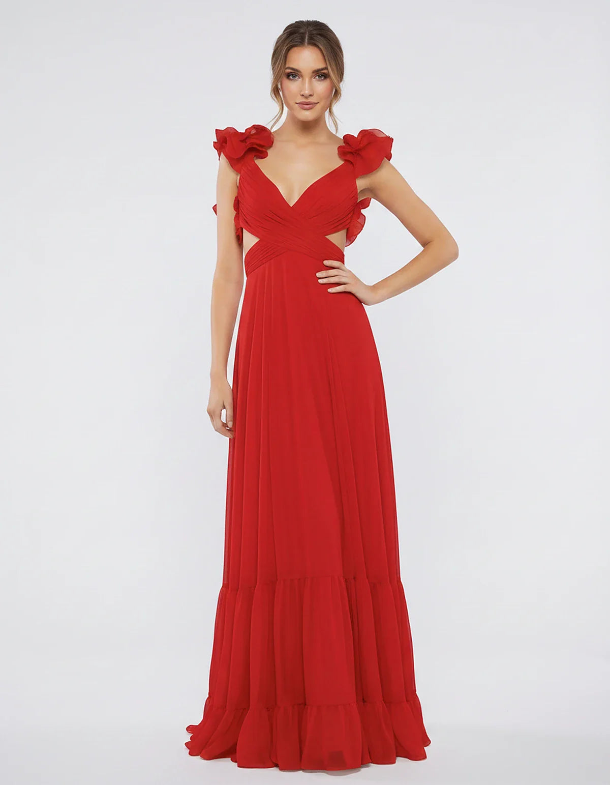 Chiffon Floral Ruffle Sleeve V-Neck A-Line Maxi Dress for Party, Cocktail, Evening, Wedding Guest & Summer Events, front view | SKU: SMD-583741926184507-RED-L,SMD-583741926184507-RED-M,SMD-583741926184507-RED-S,SMD-583741926184507-RED-XL,SMD-583741926184507-RED-XS
