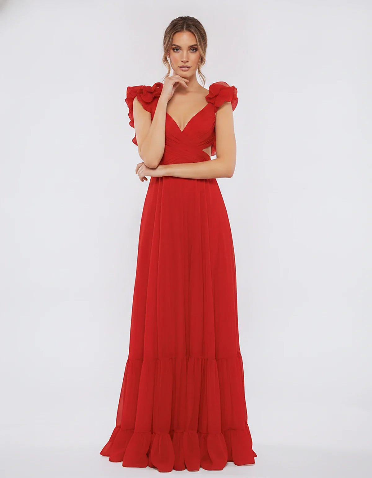 Chiffon Floral Ruffle Sleeve V-Neck A-Line Maxi Dress for Party, Cocktail, Evening, Wedding Guest & Summer Events, front view | SKU: SMD-583741926184507-RED-L,SMD-583741926184507-RED-M,SMD-583741926184507-RED-S,SMD-583741926184507-RED-XL,SMD-583741926184507-RED-XS