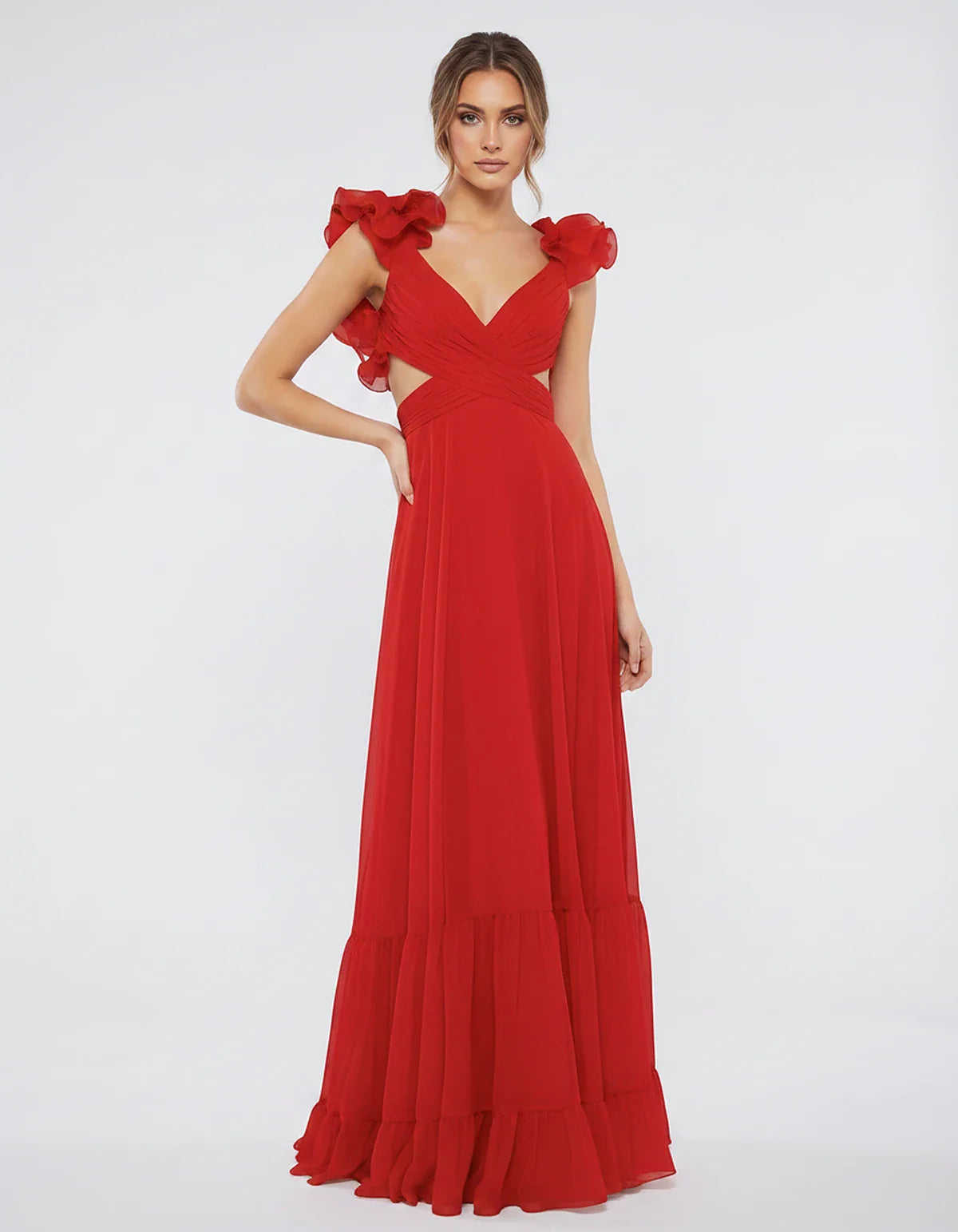 Chiffon Floral Ruffle Sleeve V-Neck A-Line Maxi Dress for Party, Cocktail, Evening, Wedding Guest & Summer Events, front view | SKU: SMD-583741926184507-RED-L,SMD-583741926184507-RED-M,SMD-583741926184507-RED-S,SMD-583741926184507-RED-XL,SMD-583741926184507-RED-XS