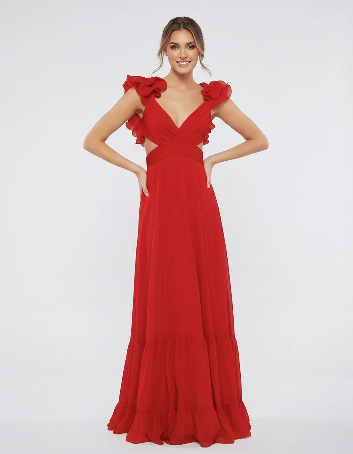 Chiffon Floral Ruffle Sleeve V-Neck A-Line Maxi Dress for Party, Cocktail, Evening, Wedding Guest & Summer Events, front view | SKU: SMD-583741926184507-RED-L,SMD-583741926184507-RED-M,SMD-583741926184507-RED-S,SMD-583741926184507-RED-XL,SMD-583741926184507-RED-XS
