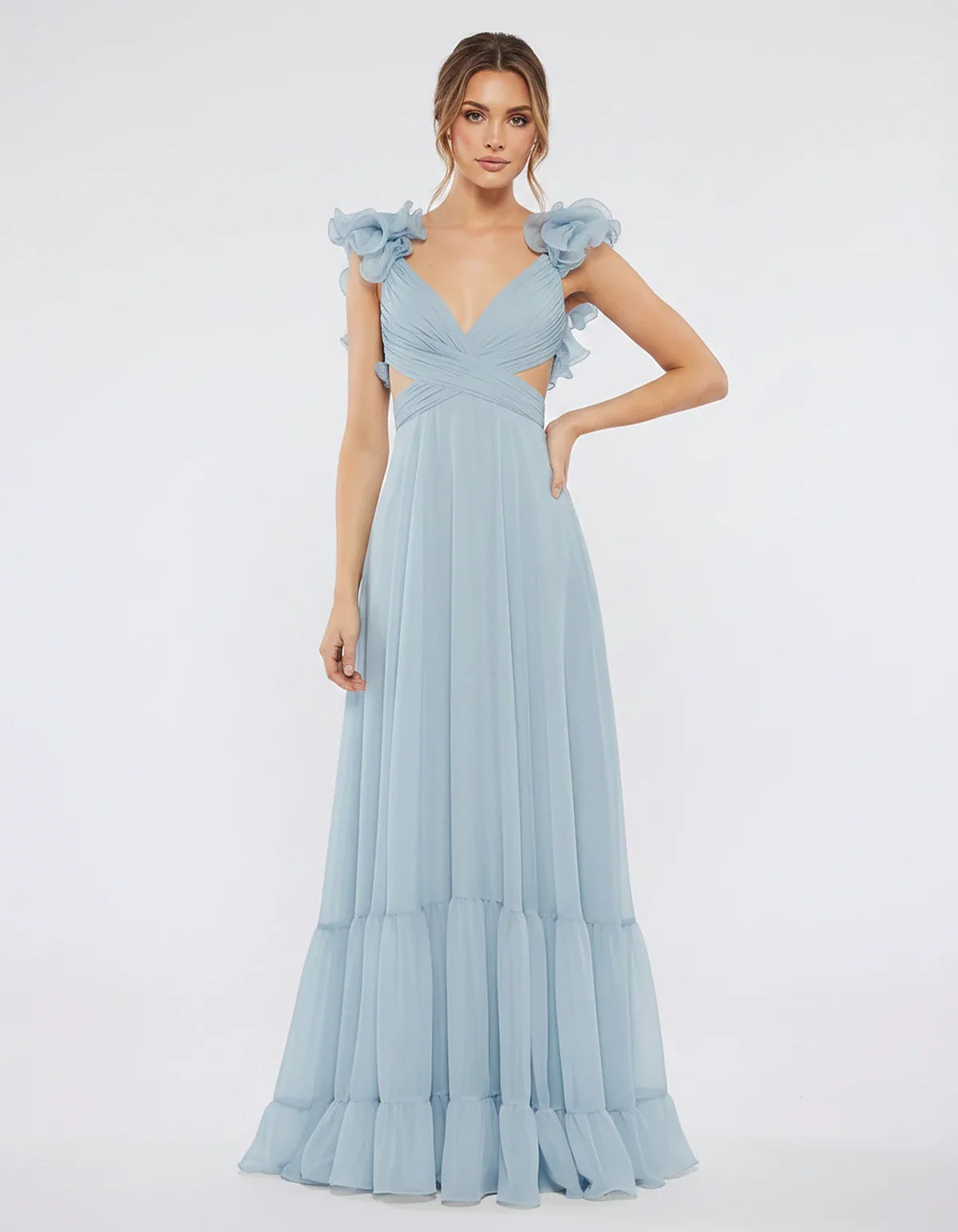 Chiffon Floral Ruffle Sleeve V-Neck A-Line Maxi Dress for Party, Cocktail, Evening, Wedding Guest & Summer Events, front view | SKU: SMD-583741926184507-LIGHTBLUE-L,SMD-583741926184507-LIGHTBLUE-M,SMD-583741926184507-LIGHTBLUE-S,SMD-583741926184507-LIGHTBLUE-XL,SMD-583741926184507-LIGHTBLUE-XS