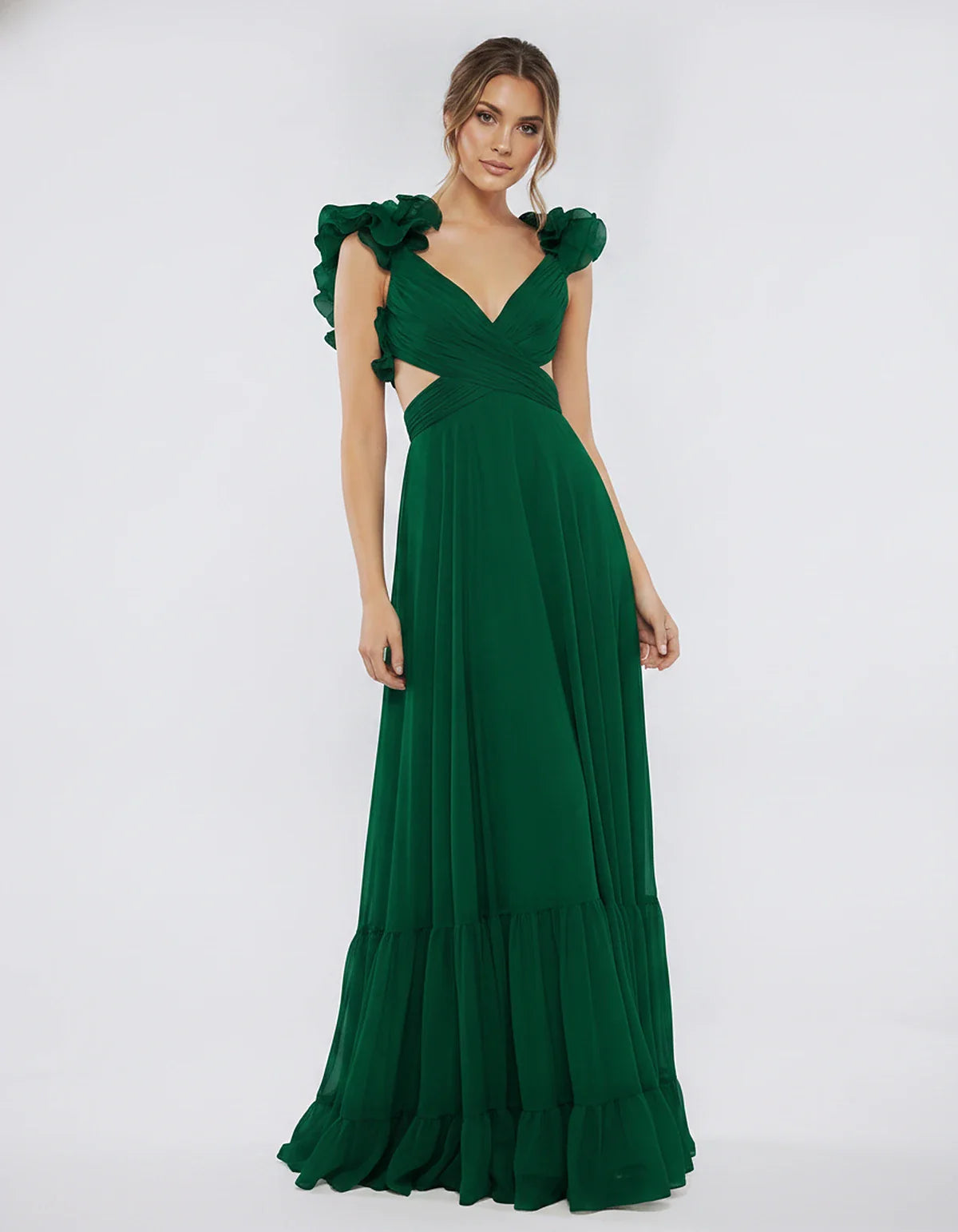 Chiffon Floral Ruffle Sleeve V-Neck A-Line Maxi Dress for Party, Cocktail, Evening, Wedding Guest & Summer Events, front view | SKU: SMD-583741926184507-EMERALD-L,SMD-583741926184507-EMERALD-M,SMD-583741926184507-EMERALD-S,SMD-583741926184507-EMERALD-XL,SMD-583741926184507-EMERALD-XS