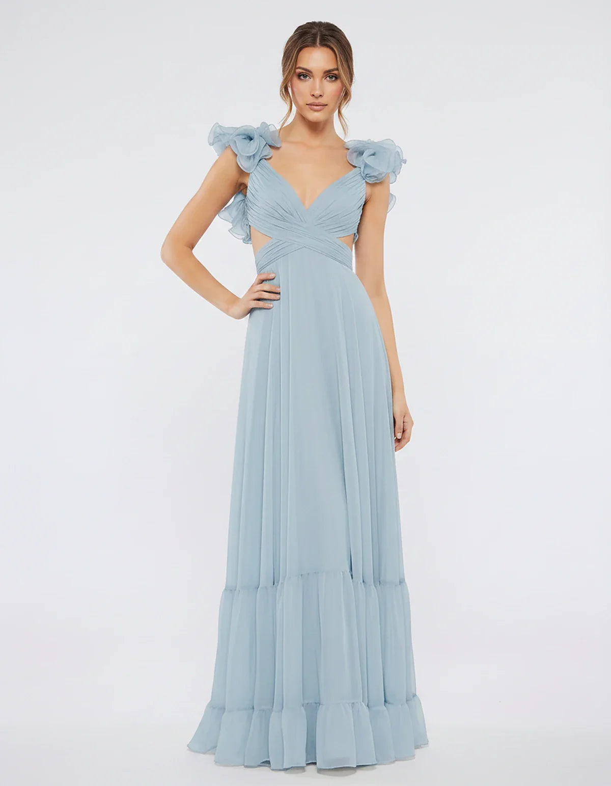 Chiffon Floral Ruffle Sleeve V-Neck A-Line Maxi Dress for Party, Cocktail, Evening, Wedding Guest & Summer Events, front view | SKU: SMD-583741926184507-LIGHTBLUE-L,SMD-583741926184507-LIGHTBLUE-M,SMD-583741926184507-LIGHTBLUE-S,SMD-583741926184507-LIGHTBLUE-XL,SMD-583741926184507-LIGHTBLUE-XS
