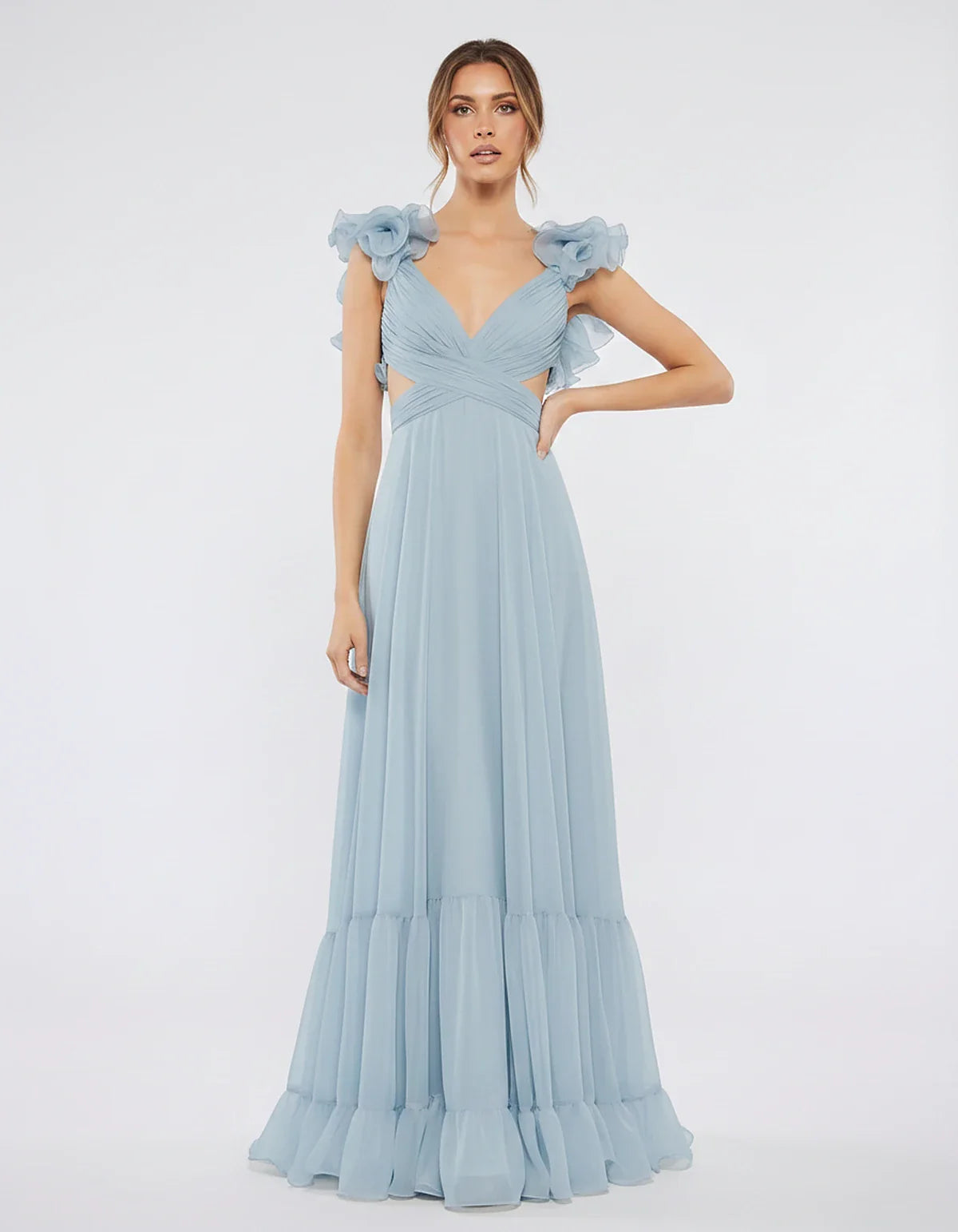 Chiffon Floral Ruffle Sleeve V-Neck A-Line Maxi Dress for Party, Cocktail, Evening, Wedding Guest & Summer Events, front view | SKU: SMD-583741926184507-LIGHTBLUE-L,SMD-583741926184507-LIGHTBLUE-M,SMD-583741926184507-LIGHTBLUE-S,SMD-583741926184507-LIGHTBLUE-XL,SMD-583741926184507-LIGHTBLUE-XS