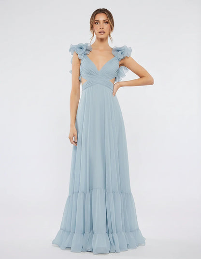 Chiffon Floral Ruffle Sleeve V-Neck A-Line Maxi Dress for Party, Cocktail, Evening, Wedding Guest & Summer Events, front view | SKU: SMD-583741926184507-LIGHTBLUE-L,SMD-583741926184507-LIGHTBLUE-M,SMD-583741926184507-LIGHTBLUE-S,SMD-583741926184507-LIGHTBLUE-XL,SMD-583741926184507-LIGHTBLUE-XS