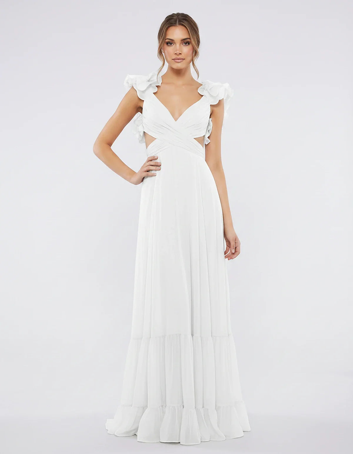 Chiffon Floral Ruffle Sleeve V-Neck A-Line Maxi Dress for Party, Cocktail, Evening, Wedding Guest & Summer Events, front view | SKU: SMD-583741926184507-WHITE-L,SMD-583741926184507-WHITE-M,SMD-583741926184507-WHITE-S,SMD-583741926184507-WHITE-XL,SMD-583741926184507-WHITE-XS