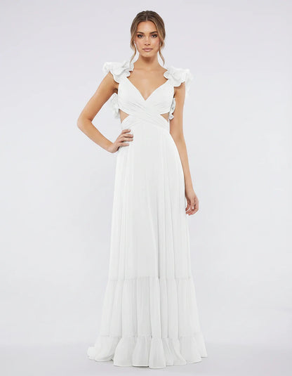 Chiffon Floral Ruffle Sleeve V-Neck A-Line Maxi Dress for Party, Cocktail, Evening, Wedding Guest & Summer Events, front view | SKU: SMD-583741926184507-WHITE-L,SMD-583741926184507-WHITE-M,SMD-583741926184507-WHITE-S,SMD-583741926184507-WHITE-XL,SMD-583741926184507-WHITE-XS