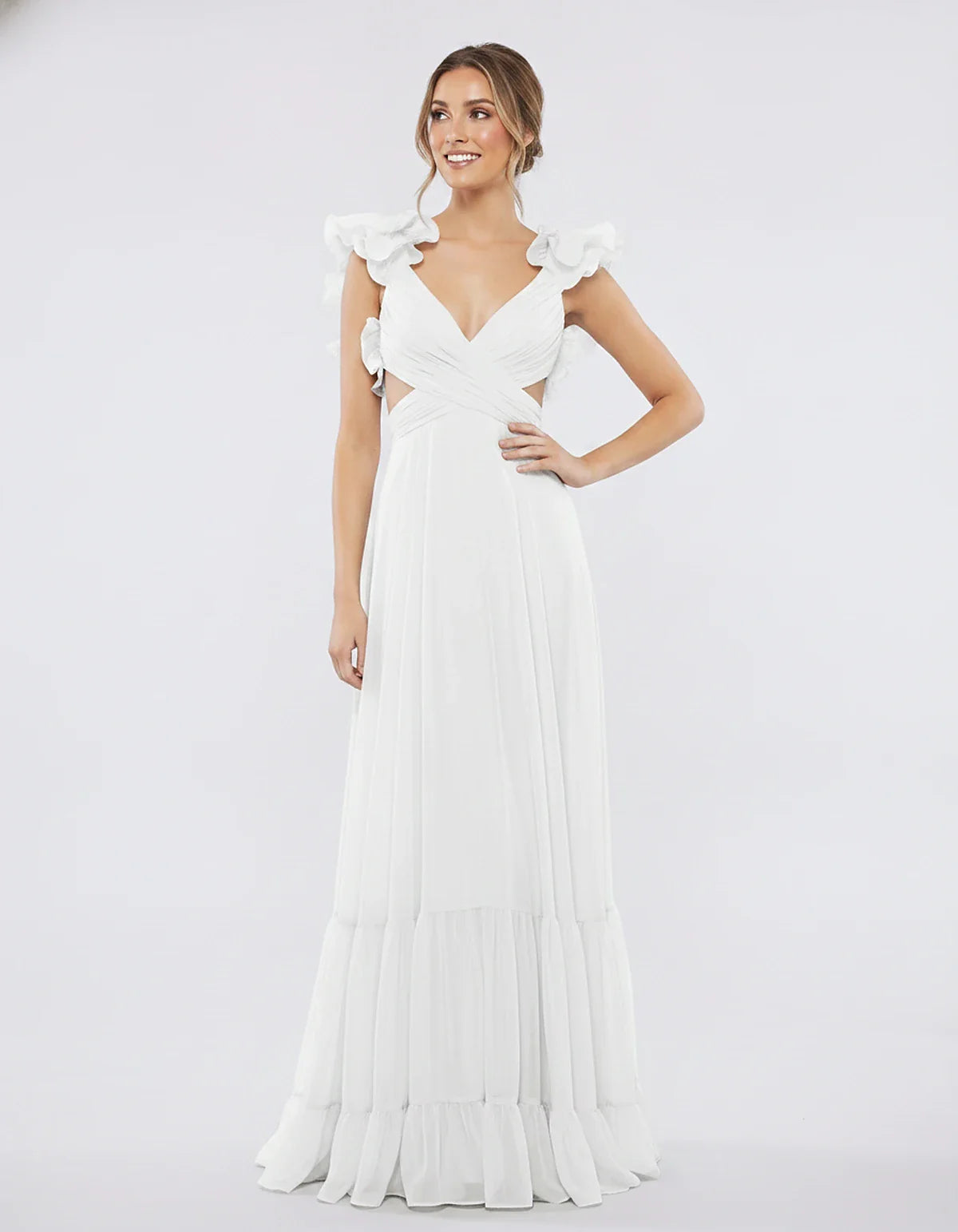 Chiffon Floral Ruffle Sleeve V-Neck A-Line Maxi Dress for Party, Cocktail, Evening, Wedding Guest & Summer Events, front view | SKU: SMD-583741926184507-WHITE-L,SMD-583741926184507-WHITE-M,SMD-583741926184507-WHITE-S,SMD-583741926184507-WHITE-XL,SMD-583741926184507-WHITE-XS