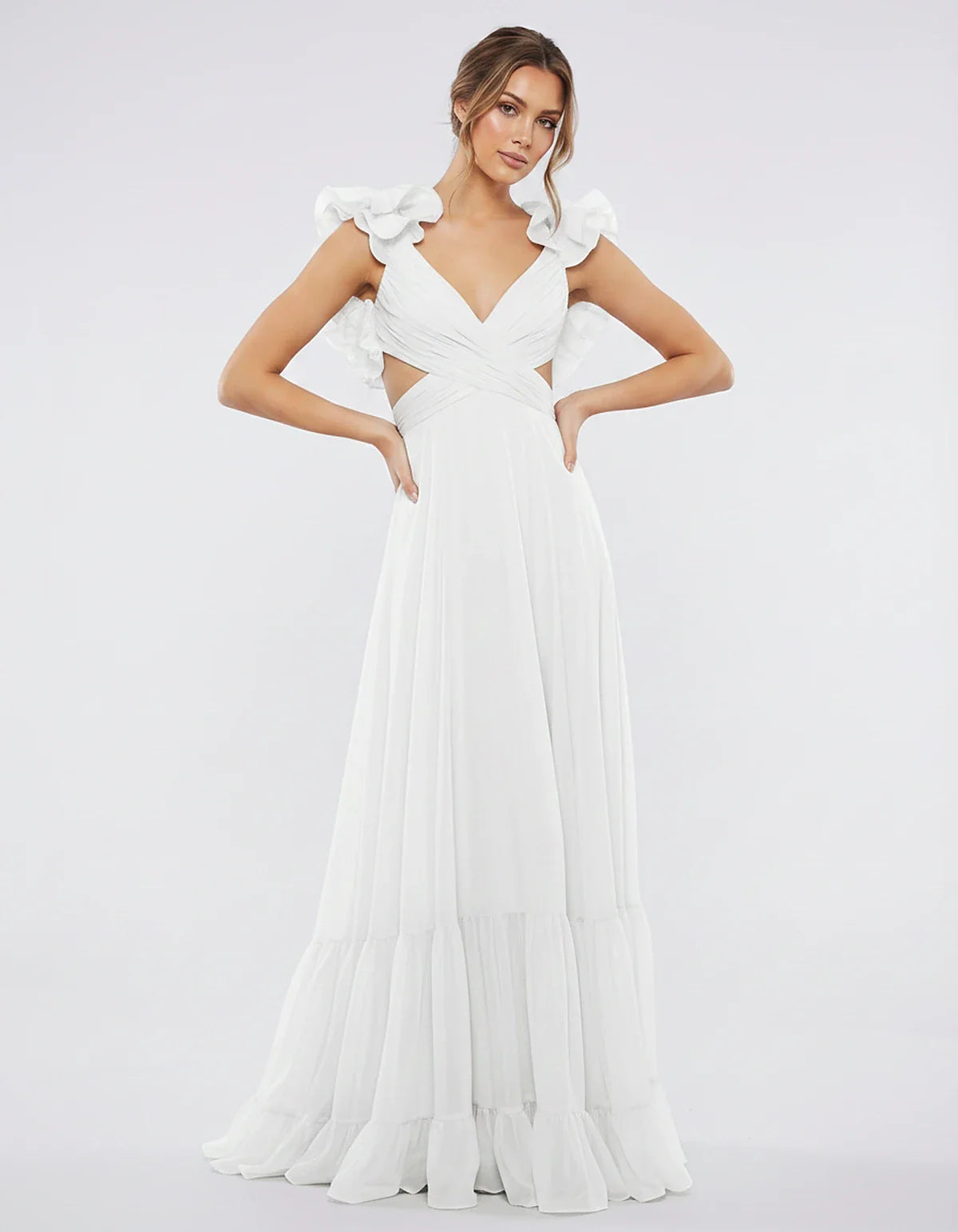 Chiffon Floral Ruffle Sleeve V-Neck A-Line Maxi Dress for Party, Cocktail, Evening, Wedding Guest & Summer Events, front view | SKU: SMD-583741926184507-WHITE-L,SMD-583741926184507-WHITE-M,SMD-583741926184507-WHITE-S,SMD-583741926184507-WHITE-XL,SMD-583741926184507-WHITE-XS