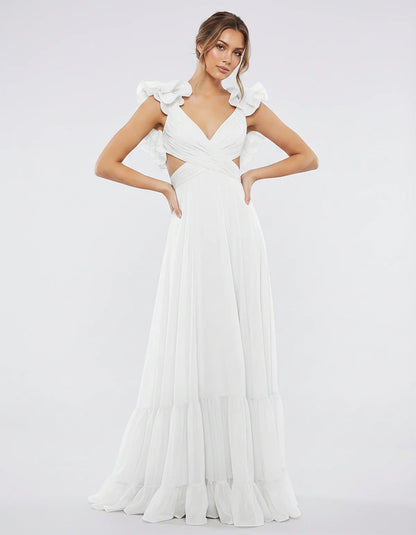 Chiffon Floral Ruffle Sleeve V-Neck A-Line Maxi Dress for Party, Cocktail, Evening, Wedding Guest & Summer Events, front view | SKU: SMD-583741926184507-WHITE-L,SMD-583741926184507-WHITE-M,SMD-583741926184507-WHITE-S,SMD-583741926184507-WHITE-XL,SMD-583741926184507-WHITE-XS