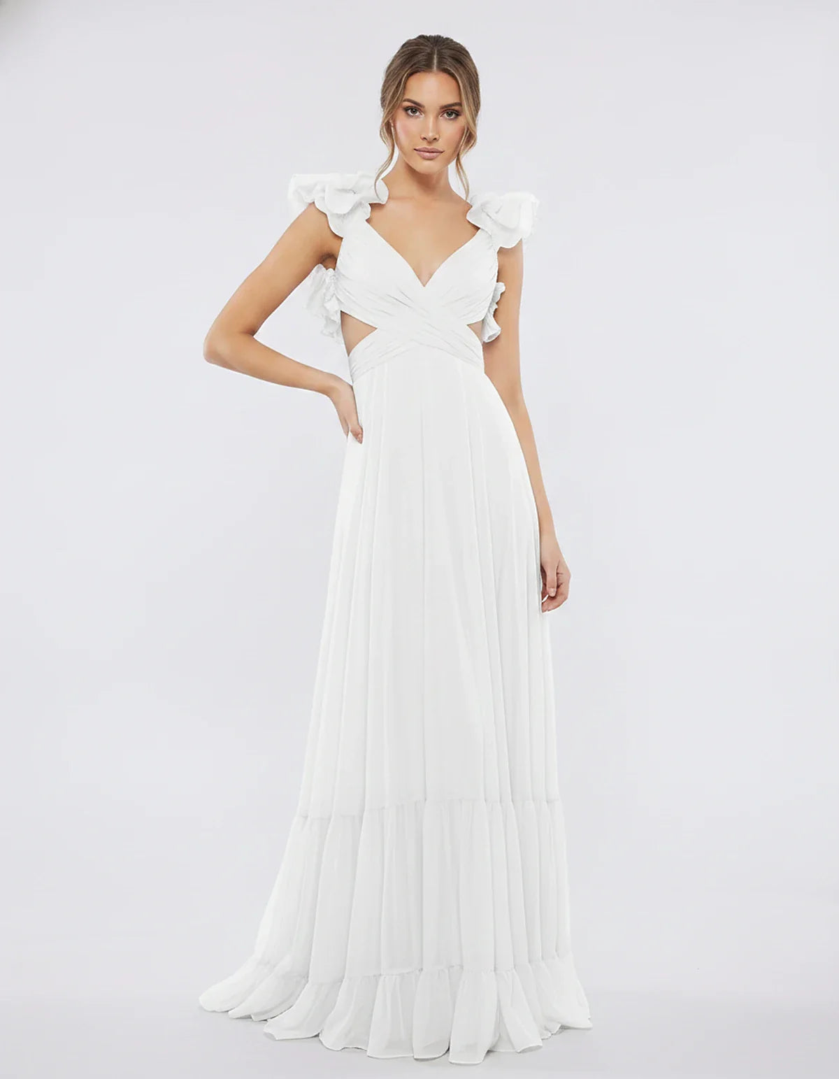 Chiffon Floral Ruffle Sleeve V-Neck A-Line Maxi Dress for Party, Cocktail, Evening, Wedding Guest & Summer Events, front view | SKU: SMD-583741926184507-WHITE-L,SMD-583741926184507-WHITE-M,SMD-583741926184507-WHITE-S,SMD-583741926184507-WHITE-XL,SMD-583741926184507-WHITE-XS