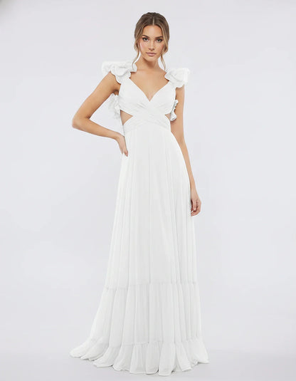 Chiffon Floral Ruffle Sleeve V-Neck A-Line Maxi Dress for Party, Cocktail, Evening, Wedding Guest & Summer Events, front view | SKU: SMD-583741926184507-WHITE-L,SMD-583741926184507-WHITE-M,SMD-583741926184507-WHITE-S,SMD-583741926184507-WHITE-XL,SMD-583741926184507-WHITE-XS