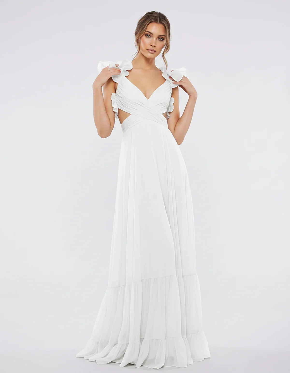 Chiffon Floral Ruffle Sleeve V-Neck A-Line Maxi Dress for Party, Cocktail, Evening, Wedding Guest & Summer Events, front view | SKU: SMD-583741926184507-WHITE-L,SMD-583741926184507-WHITE-M,SMD-583741926184507-WHITE-S,SMD-583741926184507-WHITE-XL,SMD-583741926184507-WHITE-XS