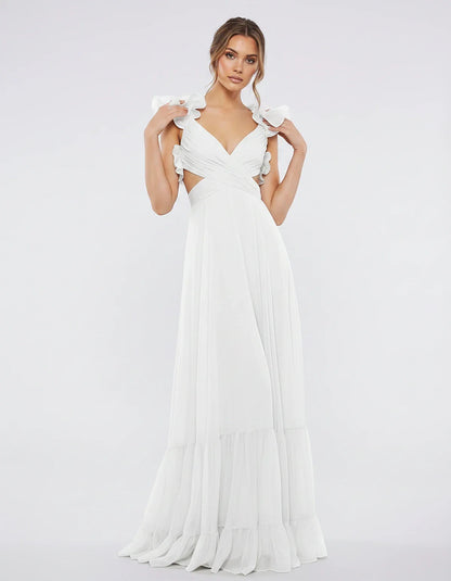 Chiffon Floral Ruffle Sleeve V-Neck A-Line Maxi Dress for Party, Cocktail, Evening, Wedding Guest & Summer Events, front view | SKU: SMD-583741926184507-WHITE-L,SMD-583741926184507-WHITE-M,SMD-583741926184507-WHITE-S,SMD-583741926184507-WHITE-XL,SMD-583741926184507-WHITE-XS