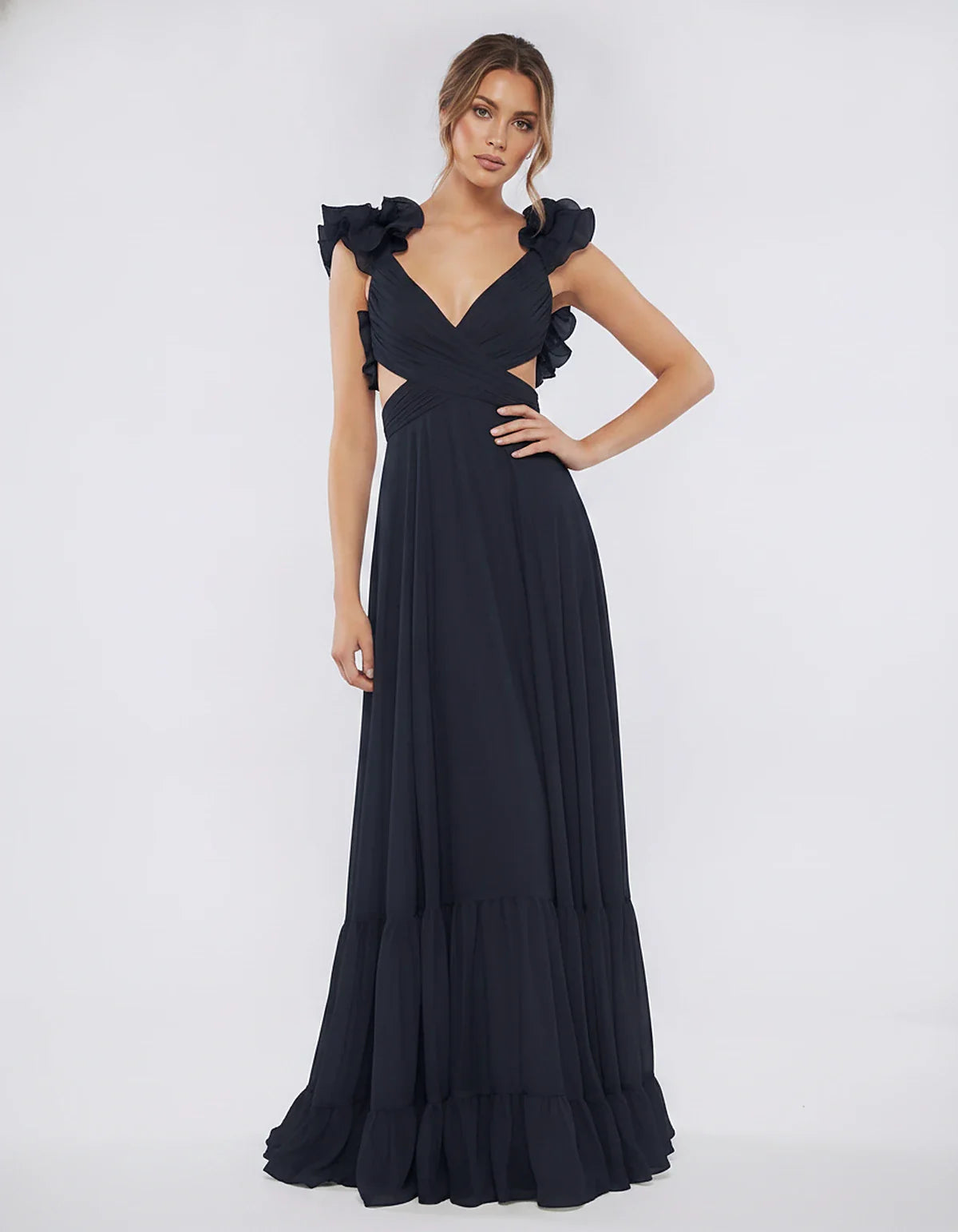 Chiffon Floral Ruffle Sleeve V-Neck A-Line Maxi Dress for Party, Cocktail, Evening, Wedding Guest & Summer Events, front view | SKU: SMD-583741926184507-NAVY-L,SMD-583741926184507-NAVY-M,SMD-583741926184507-NAVY-S,SMD-583741926184507-NAVY-XL,SMD-583741926184507-NAVY-XS