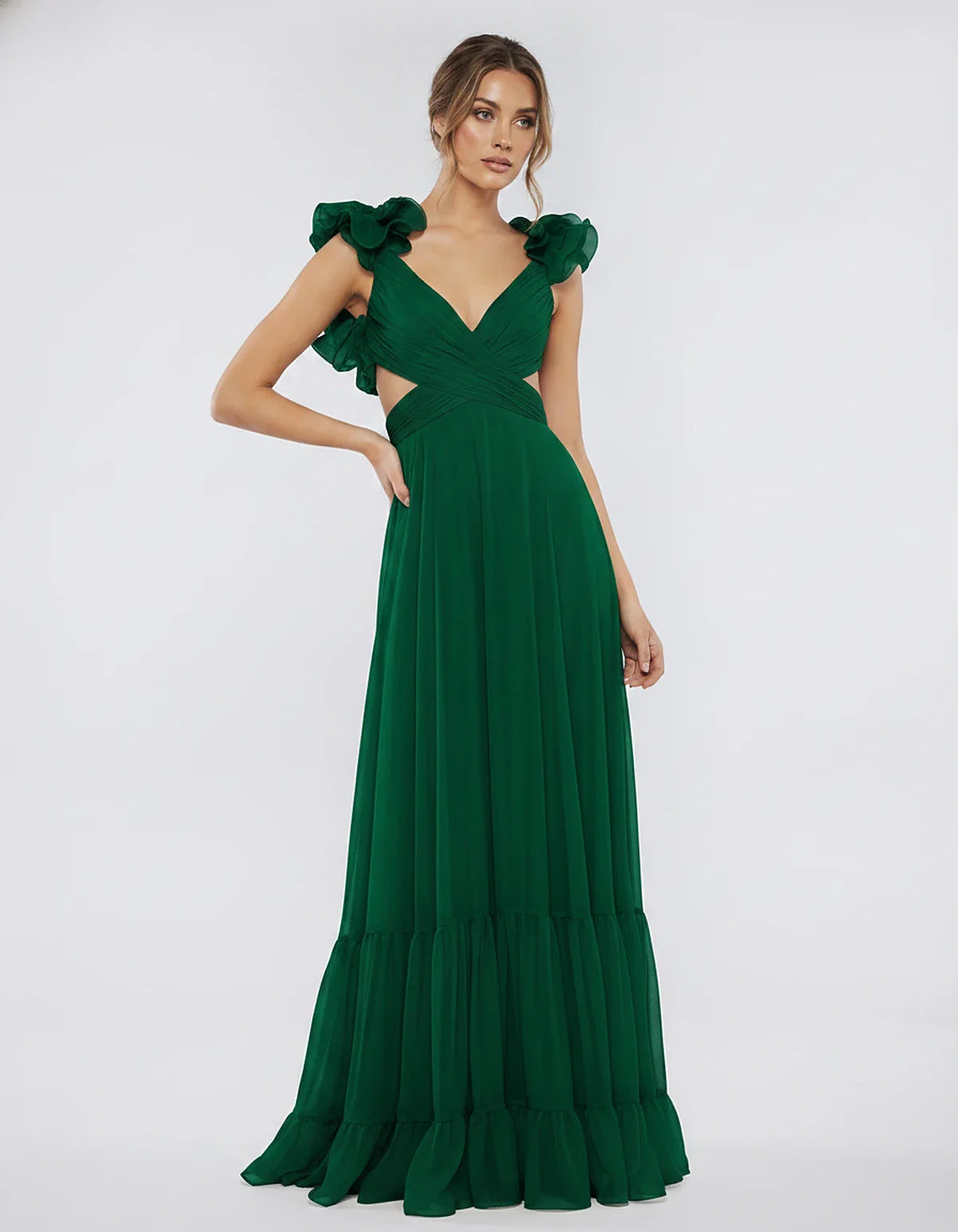 Chiffon Floral Ruffle Sleeve V-Neck A-Line Maxi Dress for Party, Cocktail, Evening, Wedding Guest & Summer Events, front view | SKU: SMD-583741926184507-EMERALD-L,SMD-583741926184507-EMERALD-M,SMD-583741926184507-EMERALD-S,SMD-583741926184507-EMERALD-XL,SMD-583741926184507-EMERALD-XS