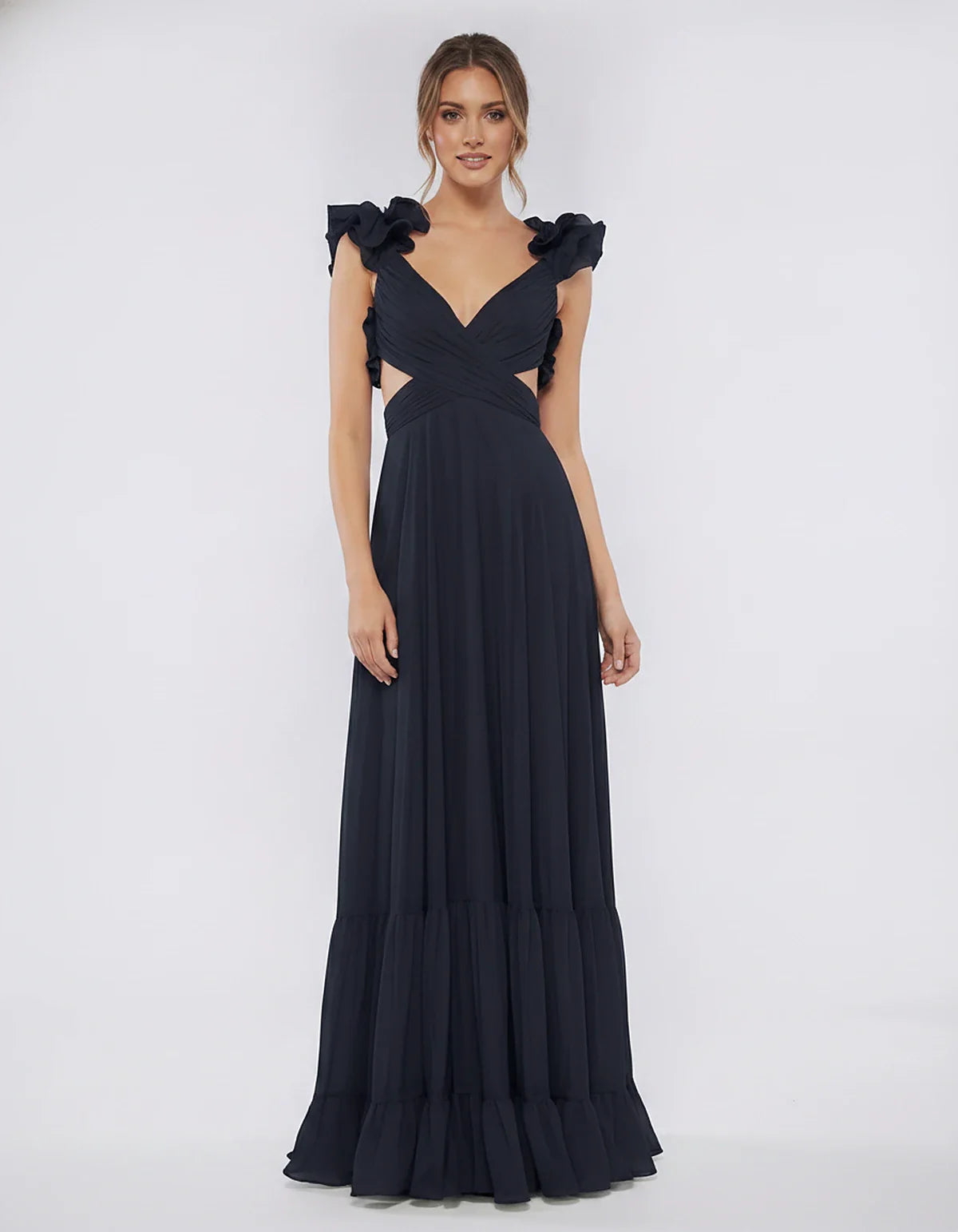 Chiffon Floral Ruffle Sleeve V-Neck A-Line Maxi Dress for Party, Cocktail, Evening, Wedding Guest & Summer Events, front view | SKU: SMD-583741926184507-NAVY-L,SMD-583741926184507-NAVY-M,SMD-583741926184507-NAVY-S,SMD-583741926184507-NAVY-XL,SMD-583741926184507-NAVY-XS