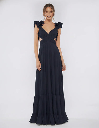 Chiffon Floral Ruffle Sleeve V-Neck A-Line Maxi Dress for Party, Cocktail, Evening, Wedding Guest & Summer Events, front view | SKU: SMD-583741926184507-NAVY-L,SMD-583741926184507-NAVY-M,SMD-583741926184507-NAVY-S,SMD-583741926184507-NAVY-XL,SMD-583741926184507-NAVY-XS