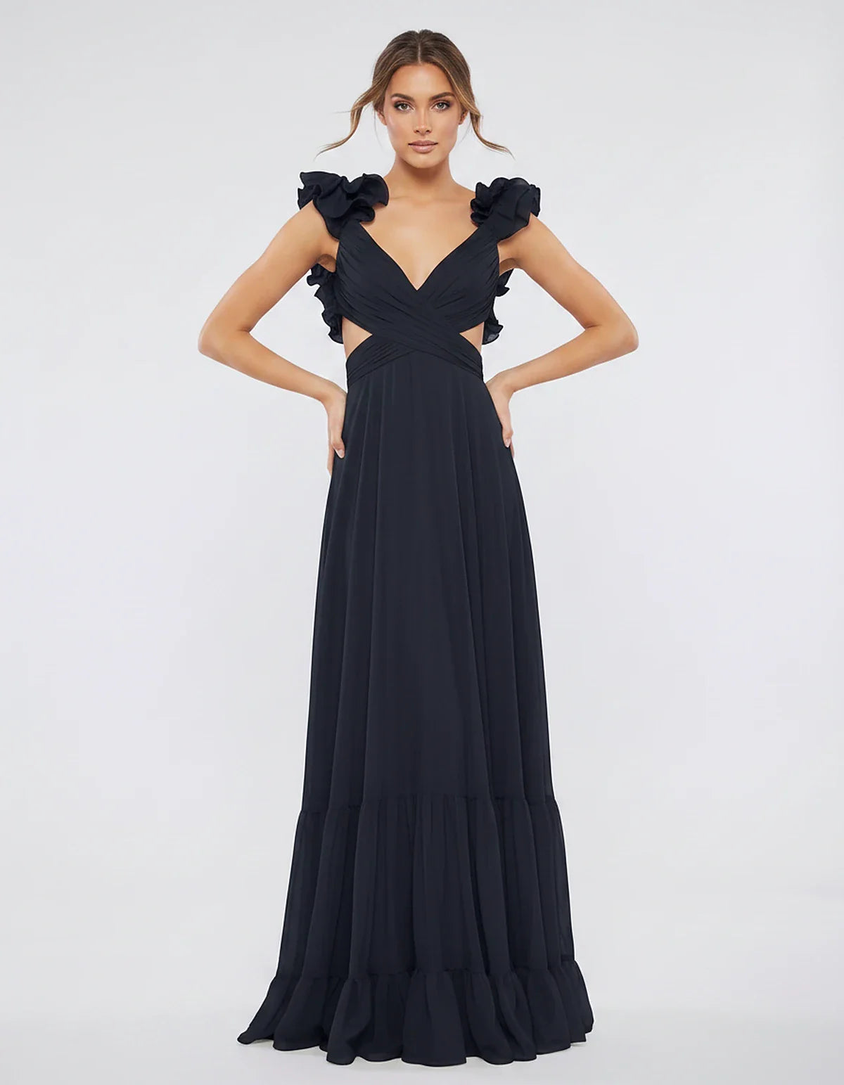 Chiffon Floral Ruffle Sleeve V-Neck A-Line Maxi Dress for Party, Cocktail, Evening, Wedding Guest & Summer Events, front view | SKU: SMD-583741926184507-NAVY-L,SMD-583741926184507-NAVY-M,SMD-583741926184507-NAVY-S,SMD-583741926184507-NAVY-XL,SMD-583741926184507-NAVY-XS