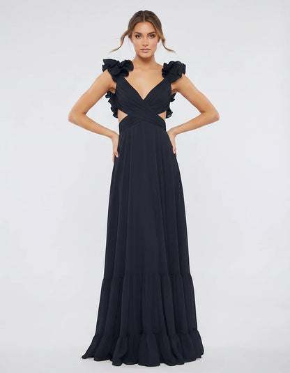Chiffon Floral Ruffle Sleeve V-Neck A-Line Maxi Dress for Party, Cocktail, Evening, Wedding Guest & Summer Events, front view | SKU: SMD-583741926184507-NAVY-L,SMD-583741926184507-NAVY-M,SMD-583741926184507-NAVY-S,SMD-583741926184507-NAVY-XL,SMD-583741926184507-NAVY-XS