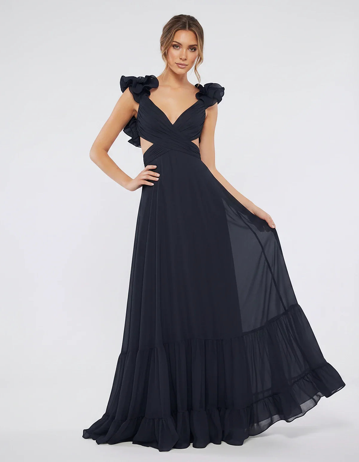 Chiffon Floral Ruffle Sleeve V-Neck A-Line Maxi Dress for Party, Cocktail, Evening, Wedding Guest & Summer Events, front view | SKU: SMD-583741926184507-NAVY-L,SMD-583741926184507-NAVY-M,SMD-583741926184507-NAVY-S,SMD-583741926184507-NAVY-XL,SMD-583741926184507-NAVY-XS