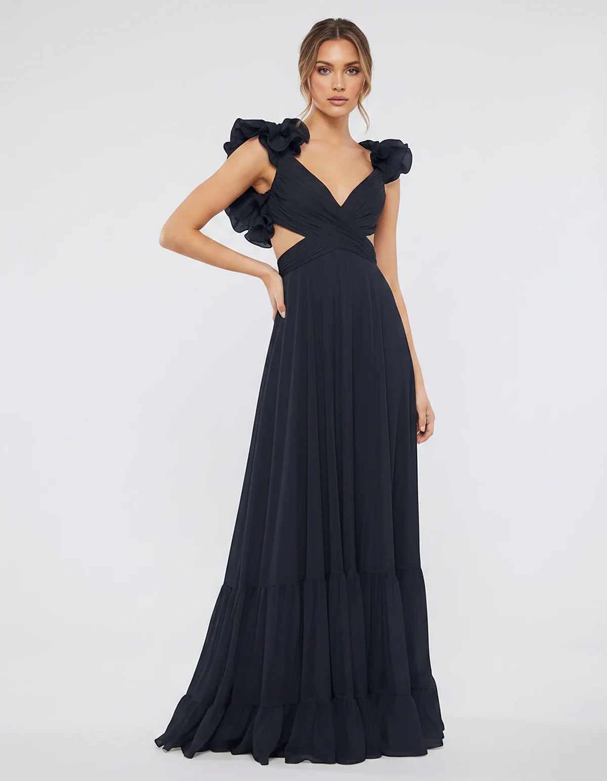 Chiffon Floral Ruffle Sleeve V-Neck A-Line Maxi Dress for Party, Cocktail, Evening, Wedding Guest & Summer Events, front view | SKU: SMD-583741926184507-NAVY-L,SMD-583741926184507-NAVY-M,SMD-583741926184507-NAVY-S,SMD-583741926184507-NAVY-XL,SMD-583741926184507-NAVY-XS