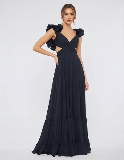 Chiffon Floral Ruffle Sleeve V-Neck A-Line Maxi Dress for Party, Cocktail, Evening, Wedding Guest & Summer Events, front view | SKU: SMD-583741926184507-NAVY-L,SMD-583741926184507-NAVY-M,SMD-583741926184507-NAVY-S,SMD-583741926184507-NAVY-XL,SMD-583741926184507-NAVY-XS