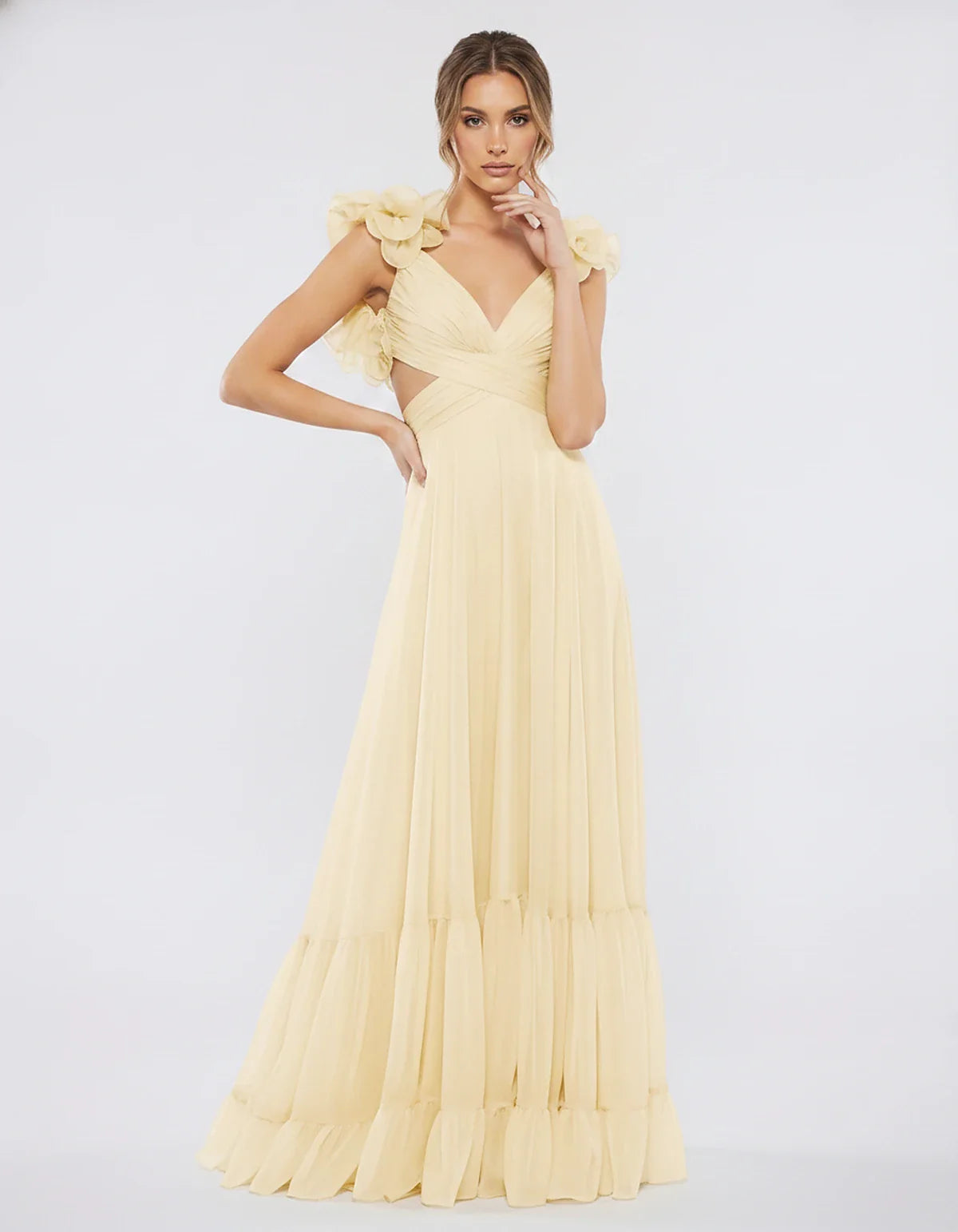 Chiffon Floral Ruffle Sleeve V-Neck A-Line Maxi Dress for Party, Cocktail, Evening, Wedding Guest & Summer Events, front view | SKU: SMD-583741926184507-CHAMPAGNE-L,SMD-583741926184507-CHAMPAGNE-M,SMD-583741926184507-CHAMPAGNE-S,SMD-583741926184507-CHAMPAGNE-XL,SMD-583741926184507-CHAMPAGNE-XS
