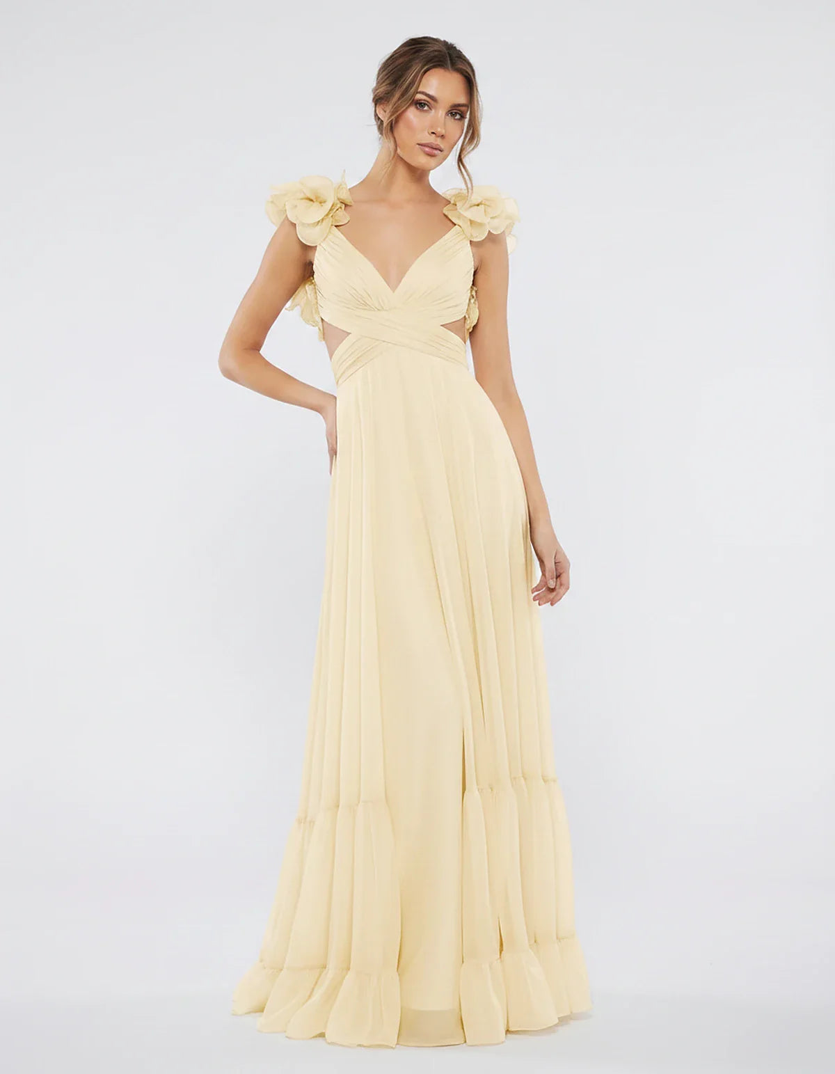 Chiffon Floral Ruffle Sleeve V-Neck A-Line Maxi Dress for Party, Cocktail, Evening, Wedding Guest & Summer Events, front view | SKU: SMD-583741926184507-CHAMPAGNE-L,SMD-583741926184507-CHAMPAGNE-M,SMD-583741926184507-CHAMPAGNE-S,SMD-583741926184507-CHAMPAGNE-XL,SMD-583741926184507-CHAMPAGNE-XS