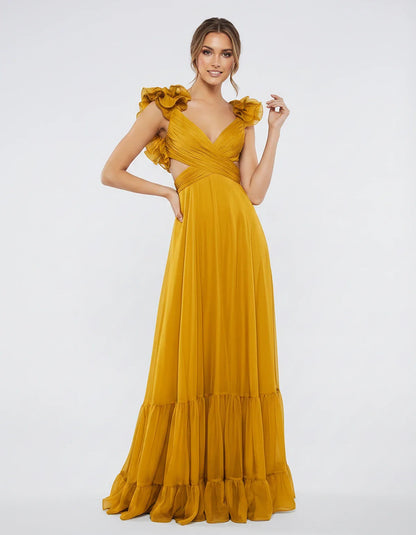 Chiffon Floral Ruffle Sleeve V-Neck A-Line Maxi Dress for Party, Cocktail, Evening, Wedding Guest & Summer Events, front view | SKU: SMD-583741926184507-YELLOW-L,SMD-583741926184507-YELLOW-M,SMD-583741926184507-YELLOW-S,SMD-583741926184507-YELLOW-XL,SMD-583741926184507-YELLOW-XS