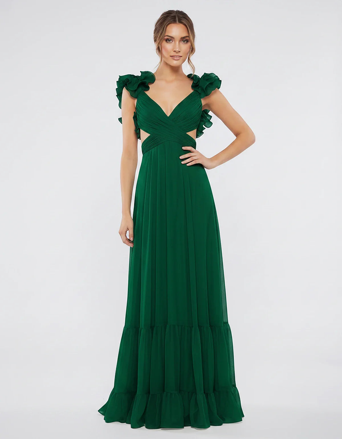 Chiffon Floral Ruffle Sleeve V-Neck A-Line Maxi Dress for Party, Cocktail, Evening, Wedding Guest & Summer Events, front view | SKU: SMD-583741926184507-EMERALD-L,SMD-583741926184507-EMERALD-M,SMD-583741926184507-EMERALD-S,SMD-583741926184507-EMERALD-XL,SMD-583741926184507-EMERALD-XS