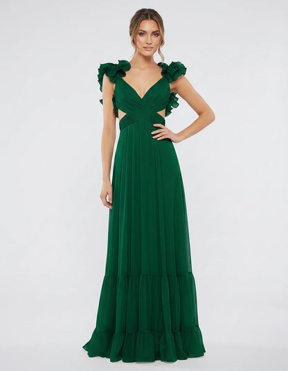 Chiffon Floral Ruffle Sleeve V-Neck A-Line Maxi Dress for Party, Cocktail, Evening, Wedding Guest & Summer Events, front view | SKU: SMD-583741926184507-EMERALD-L,SMD-583741926184507-EMERALD-M,SMD-583741926184507-EMERALD-S,SMD-583741926184507-EMERALD-XL,SMD-583741926184507-EMERALD-XS
