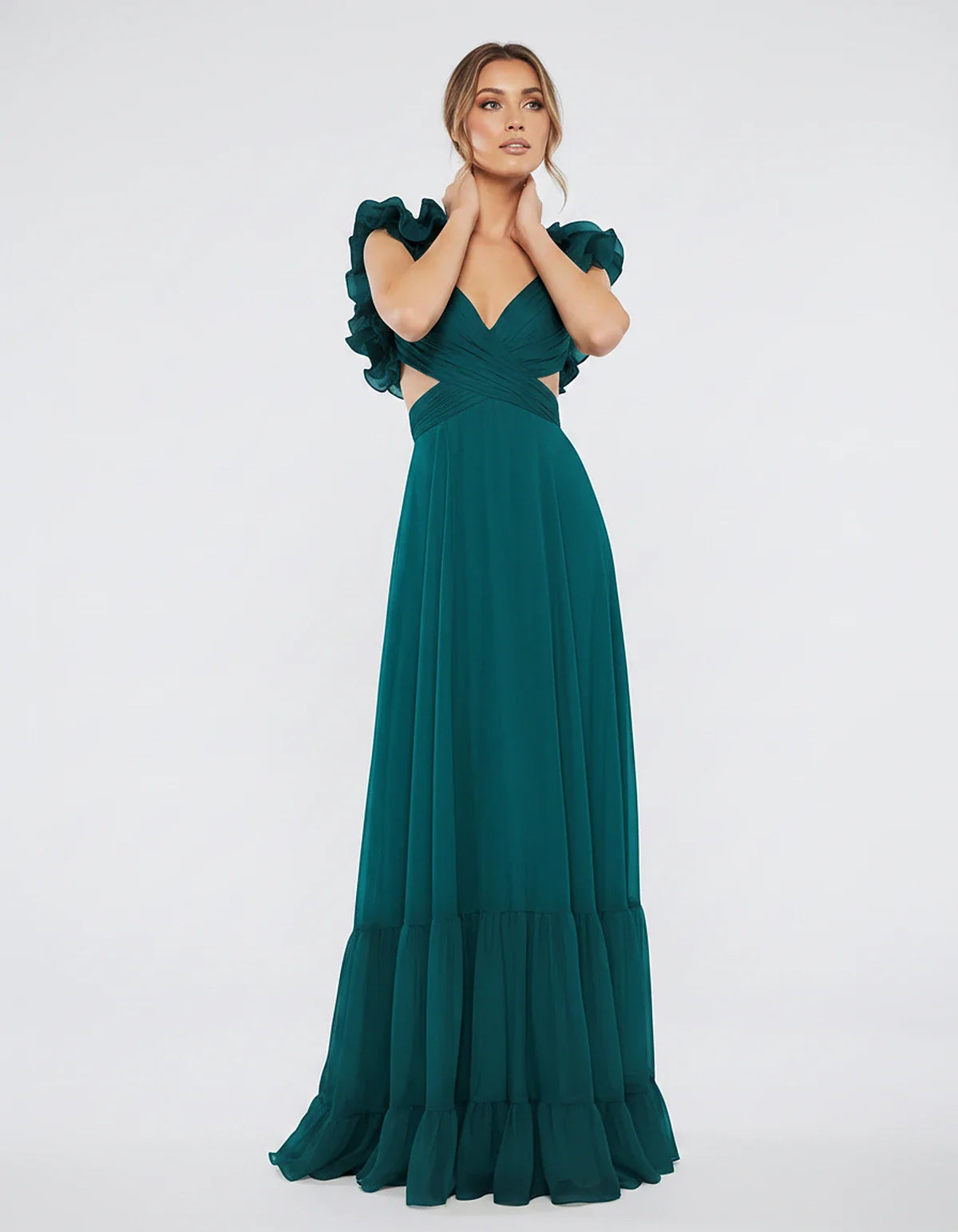 Chiffon Floral Ruffle Sleeve V-Neck A-Line Maxi Dress for Party, Cocktail, Evening, Wedding Guest & Summer Events, front view | SKU: SMD-583741926184507-TEAL-L,SMD-583741926184507-TEAL-M,SMD-583741926184507-TEAL-S,SMD-583741926184507-TEAL-XL,SMD-583741926184507-TEAL-XS