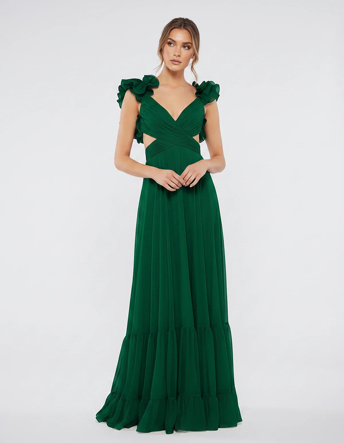 Chiffon Floral Ruffle Sleeve V-Neck A-Line Maxi Dress for Party, Cocktail, Evening, Wedding Guest & Summer Events, front view | SKU: SMD-583741926184507-EMERALD-L,SMD-583741926184507-EMERALD-M,SMD-583741926184507-EMERALD-S,SMD-583741926184507-EMERALD-XL,SMD-583741926184507-EMERALD-XS
