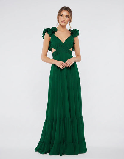 Chiffon Floral Ruffle Sleeve V-Neck A-Line Maxi Dress for Party, Cocktail, Evening, Wedding Guest & Summer Events, front view | SKU: SMD-583741926184507-EMERALD-L,SMD-583741926184507-EMERALD-M,SMD-583741926184507-EMERALD-S,SMD-583741926184507-EMERALD-XL,SMD-583741926184507-EMERALD-XS