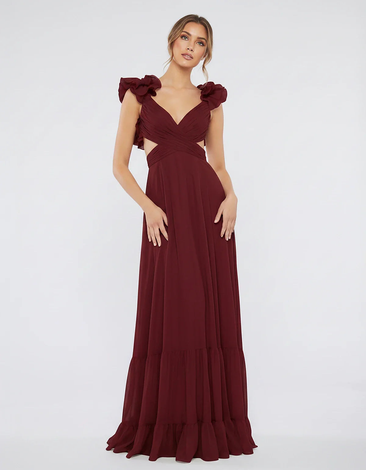 Chiffon Floral Ruffle Sleeve V-Neck A-Line Maxi Dress for Party, Cocktail, Evening, Wedding Guest & Summer Events, front view | SKU: SMD-583741926184507-WINE-L,SMD-583741926184507-WINE-M,SMD-583741926184507-WINE-S,SMD-583741926184507-WINE-XL,SMD-583741926184507-WINE-XS