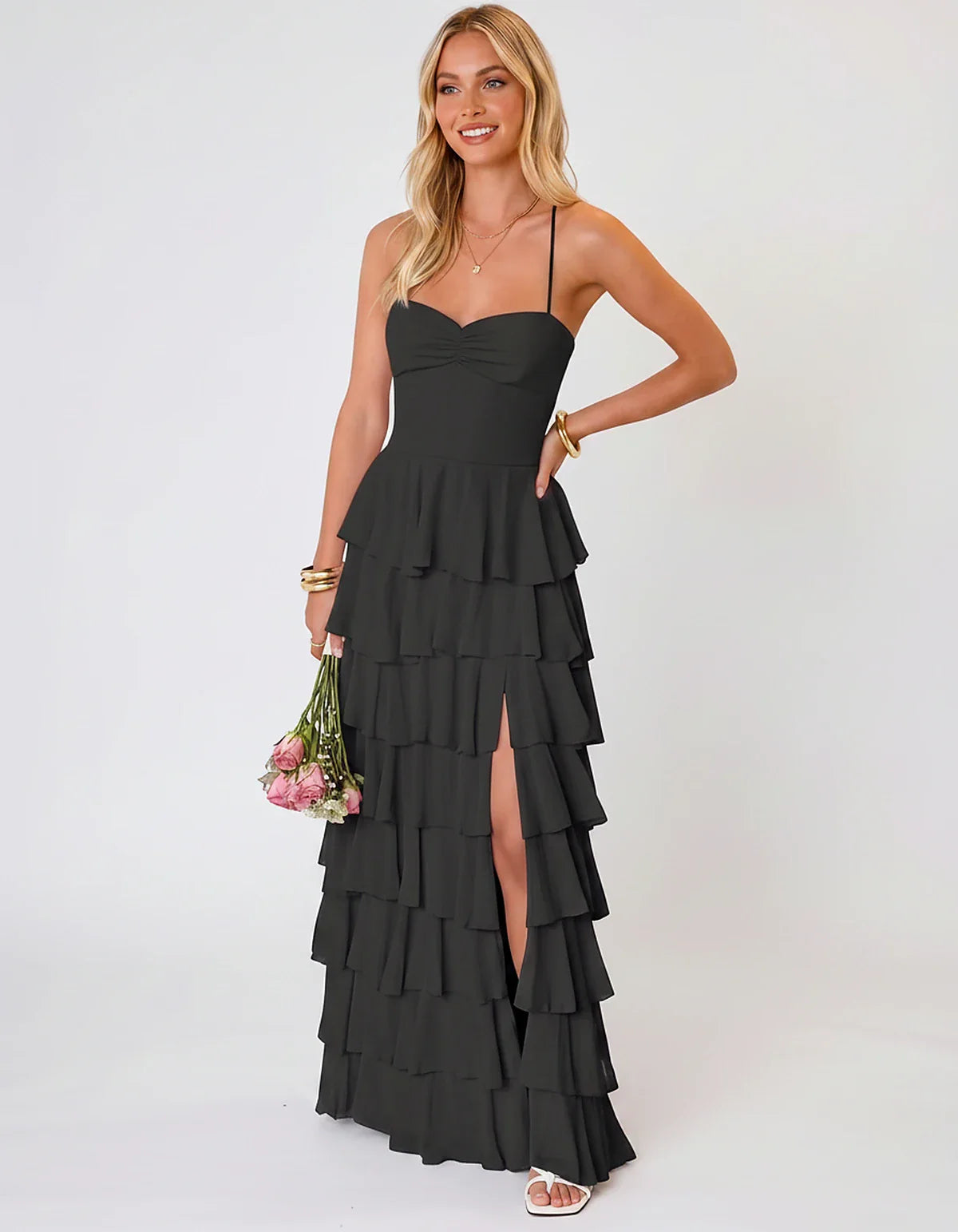 Chiffon Sleeveless Sweetheart A-Line Maxi Dress with Tiered Ruffles for Party, Cocktail, Evening, Wedding Guest & Summer Even | SKU: SMD-583920174618452-BLACK-L,SMD-583920174618452-BLACK-M,SMD-583920174618452-BLACK-S,SMD-583920174618452-BLACK-XL,SMD-583920174618452-BLACK-XS