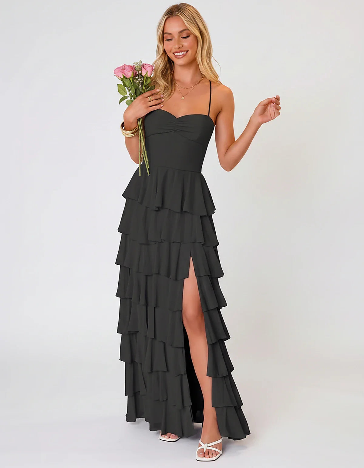 Chiffon Sleeveless Sweetheart A-Line Maxi Dress with Tiered Ruffles for Party, Cocktail, Evening, Wedding Guest & Summer Even | SKU: SMD-583920174618452-BLACK-L,SMD-583920174618452-BLACK-M,SMD-583920174618452-BLACK-S,SMD-583920174618452-BLACK-XL,SMD-583920174618452-BLACK-XS