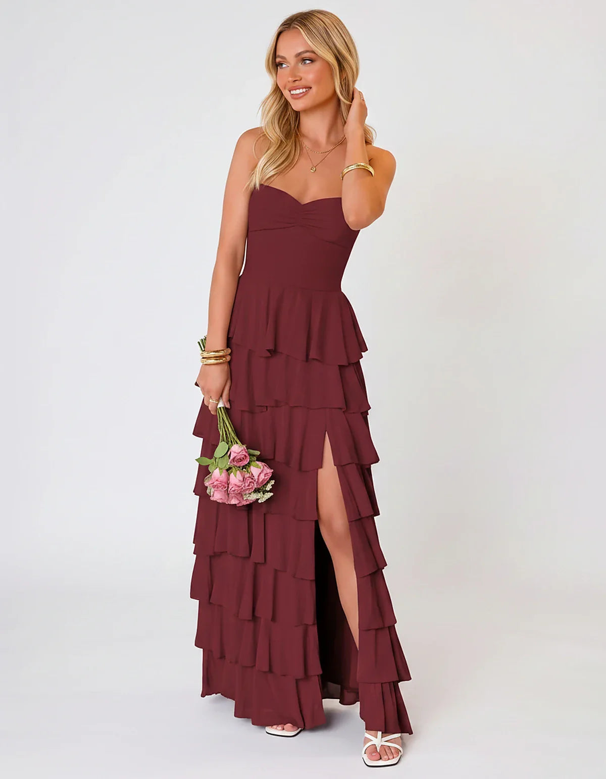 Chiffon Sleeveless Sweetheart A-Line Maxi Dress with Tiered Ruffles for Party, Cocktail, Evening, Wedding Guest & Summer Even | SKU: SMD-583920174618452-BURGUNDY-L,SMD-583920174618452-BURGUNDY-M,SMD-583920174618452-BURGUNDY-S,SMD-583920174618452-BURGUNDY-XL,SMD-583920174618452-BURGUNDY-XS