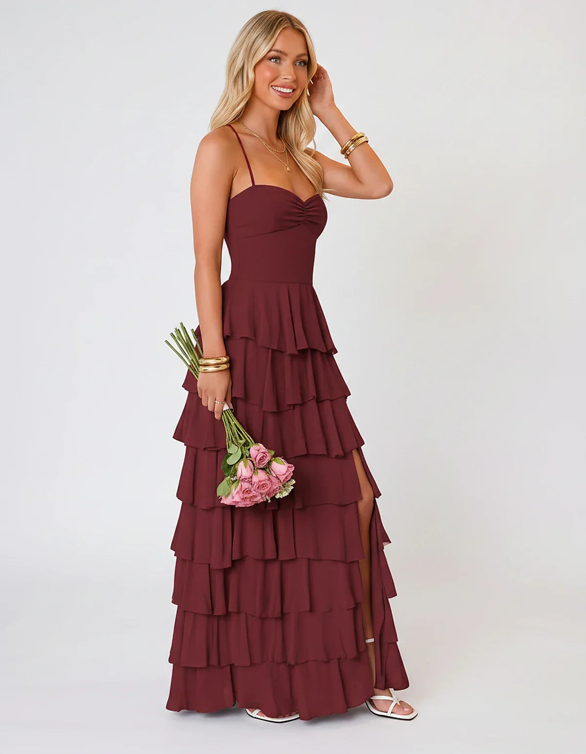 Chiffon Sleeveless Sweetheart A-Line Maxi Dress with Tiered Ruffles for Party, Cocktail, Evening, Wedding Guest & Summer Even | SKU: SMD-583920174618452-BURGUNDY-L,SMD-583920174618452-BURGUNDY-M,SMD-583920174618452-BURGUNDY-S,SMD-583920174618452-BURGUNDY-XL,SMD-583920174618452-BURGUNDY-XS