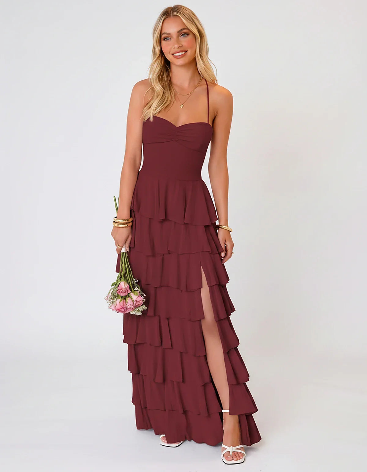Chiffon Sleeveless Sweetheart A-Line Maxi Dress with Tiered Ruffles for Party, Cocktail, Evening, Wedding Guest & Summer Even | SKU: SMD-583920174618452-BURGUNDY-L,SMD-583920174618452-BURGUNDY-M,SMD-583920174618452-BURGUNDY-S,SMD-583920174618452-BURGUNDY-XL,SMD-583920174618452-BURGUNDY-XS