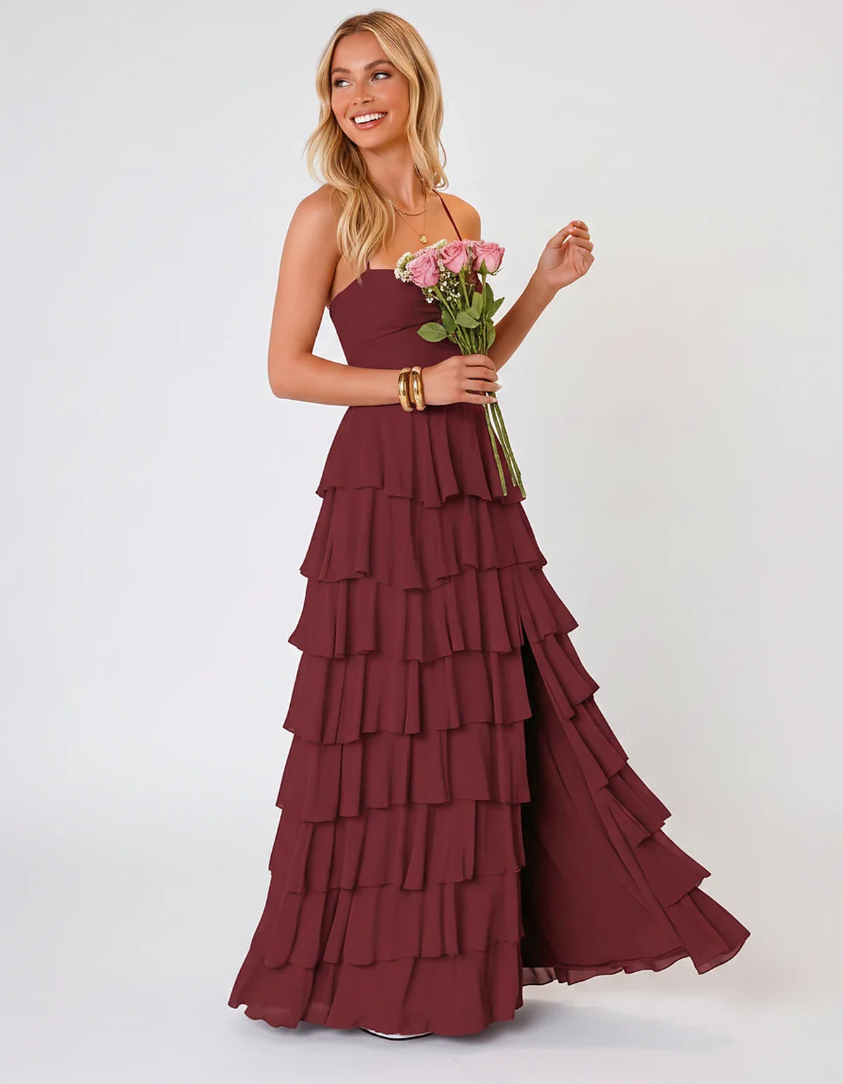 Chiffon Sleeveless Sweetheart A-Line Maxi Dress with Tiered Ruffles for Party, Cocktail, Evening, Wedding Guest & Summer Even | SKU: SMD-583920174618452-BURGUNDY-L,SMD-583920174618452-BURGUNDY-M,SMD-583920174618452-BURGUNDY-S,SMD-583920174618452-BURGUNDY-XL,SMD-583920174618452-BURGUNDY-XS