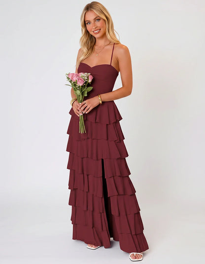 Chiffon Sleeveless Sweetheart A-Line Maxi Dress with Tiered Ruffles for Party, Cocktail, Evening, Wedding Guest & Summer Even | SKU: SMD-583920174618452-BURGUNDY-L,SMD-583920174618452-BURGUNDY-M,SMD-583920174618452-BURGUNDY-S,SMD-583920174618452-BURGUNDY-XL,SMD-583920174618452-BURGUNDY-XS