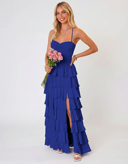 Chiffon Sleeveless Sweetheart A-Line Maxi Dress with Tiered Ruffles for Party, Cocktail, Evening, Wedding Guest & Summer Even | SKU: SMD-583920174618452-BLUE-L,SMD-583920174618452-BLUE-M,SMD-583920174618452-BLUE-S,SMD-583920174618452-BLUE-XL,SMD-583920174618452-BLUE-XS